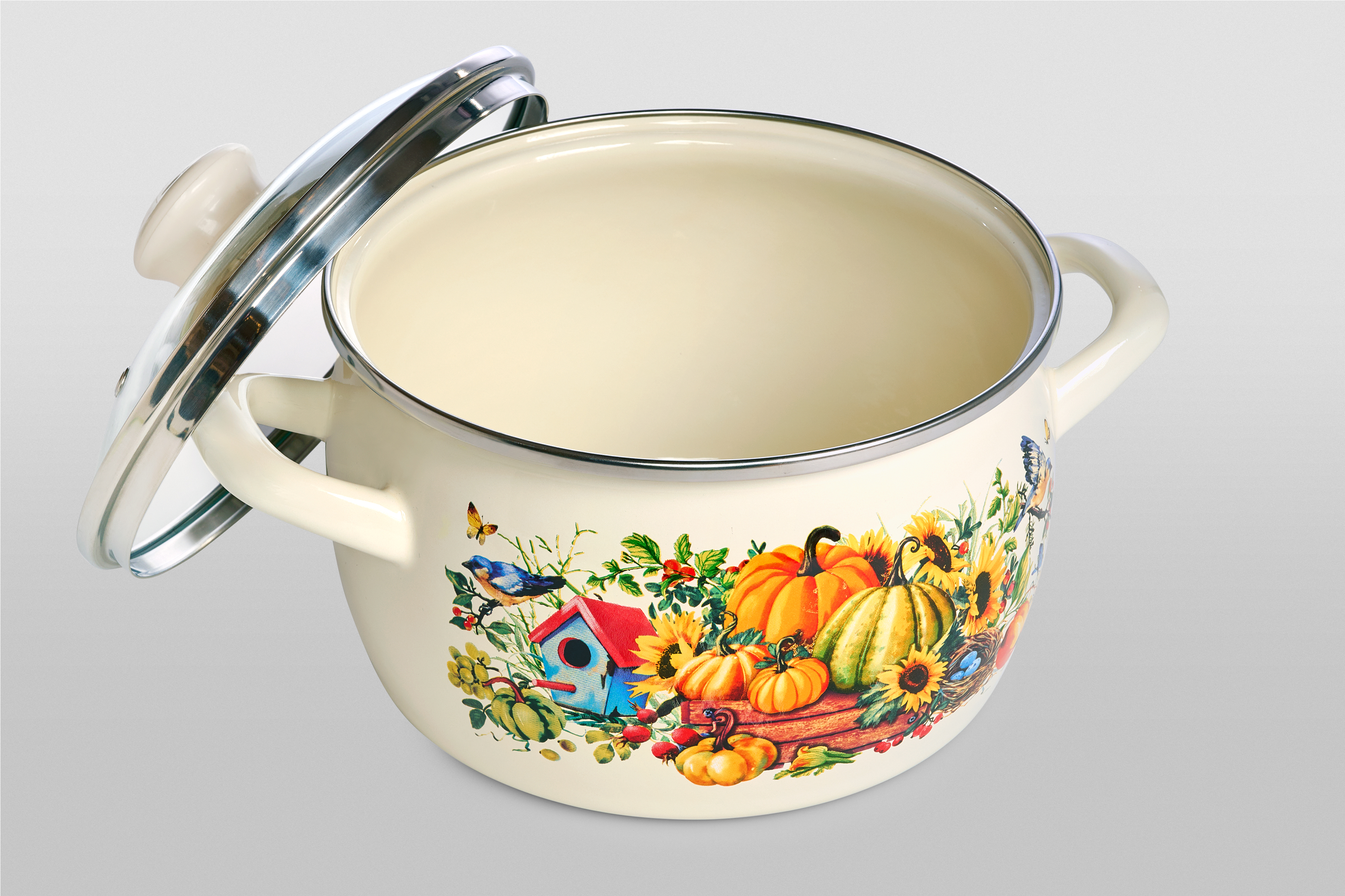 Кастрюля глубокая эмалированная со стеклянной крышкой, 2.4 л