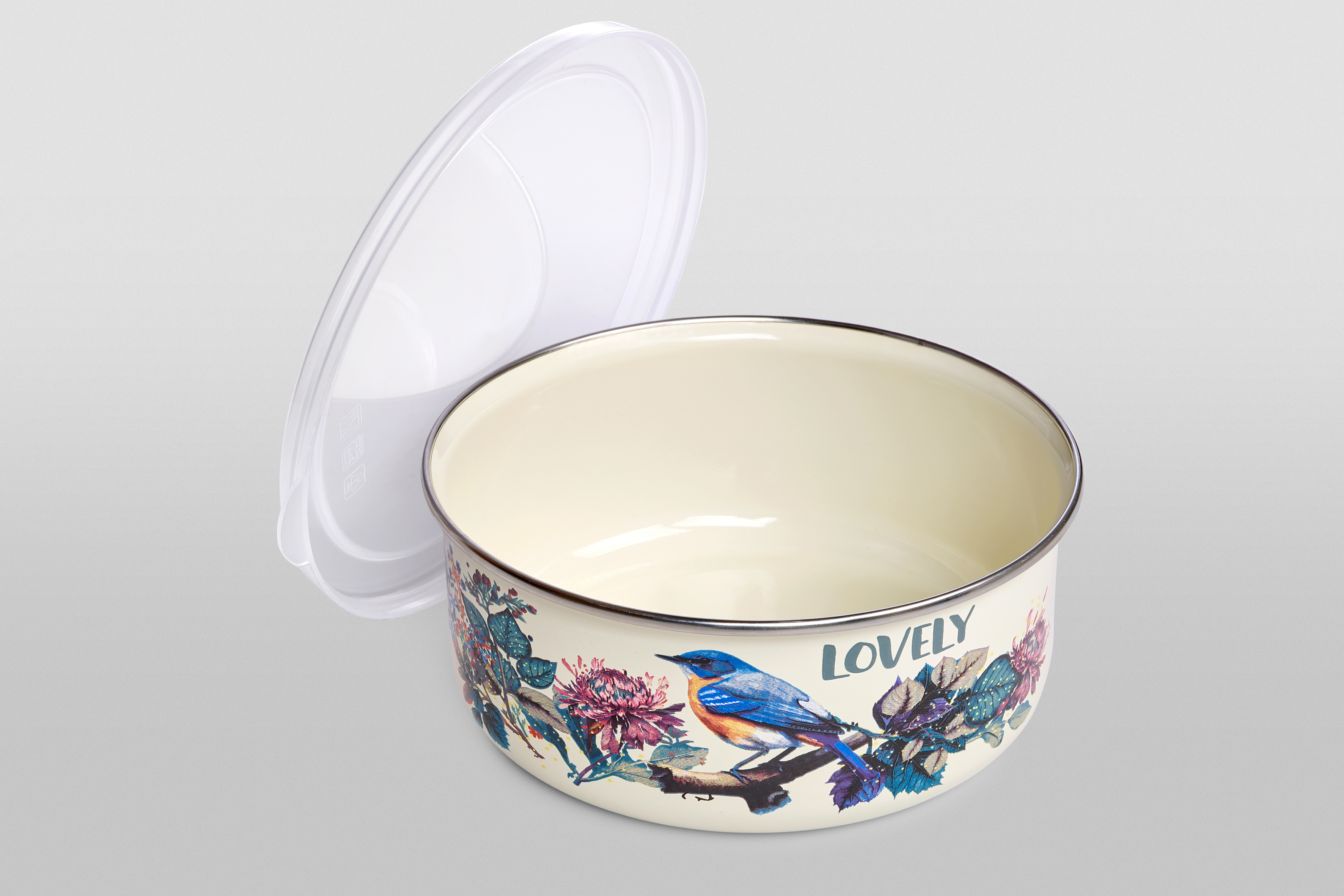 Миска эмалированная без ручек с пластиковой крышкой, 1.3 л