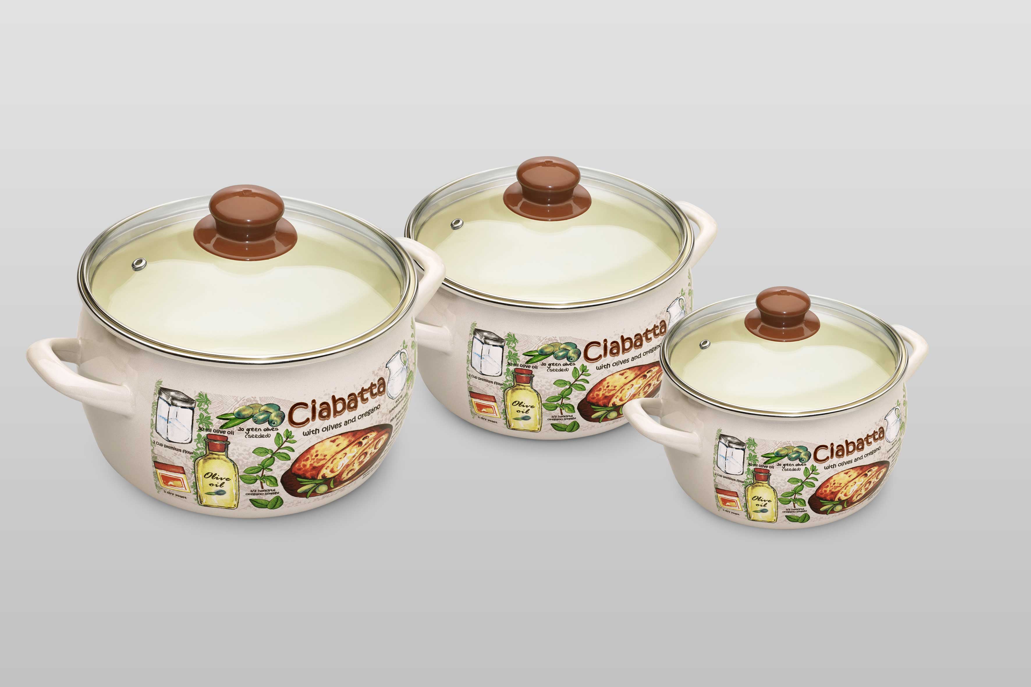 Набор посуды 6/1: кастрюли эмалированные со стеклянными крышками 2.4 л, 3.3 л, 5.7 л