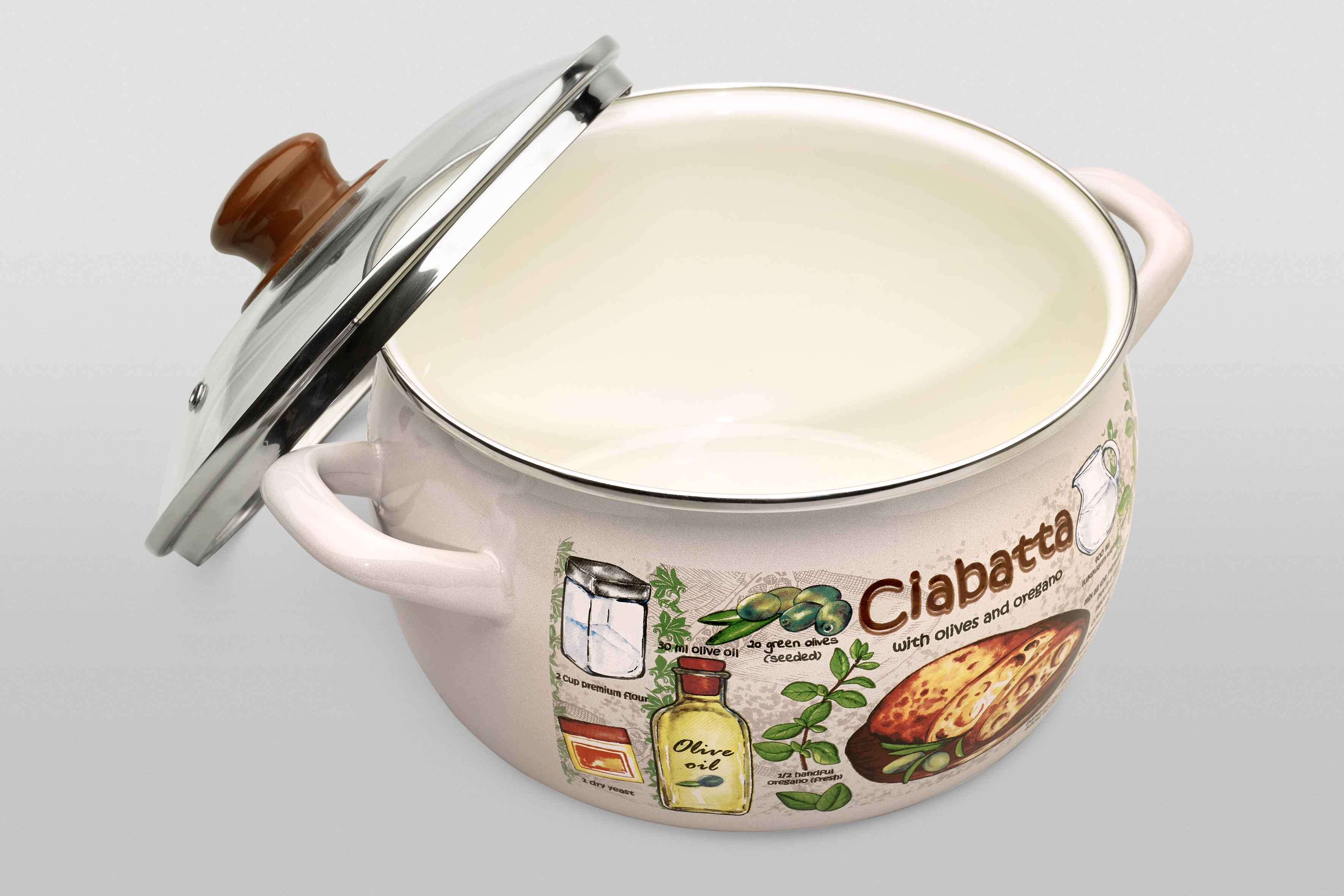 Кастрюля глубокая эмалированная со стеклянной крышкой, 3.3л