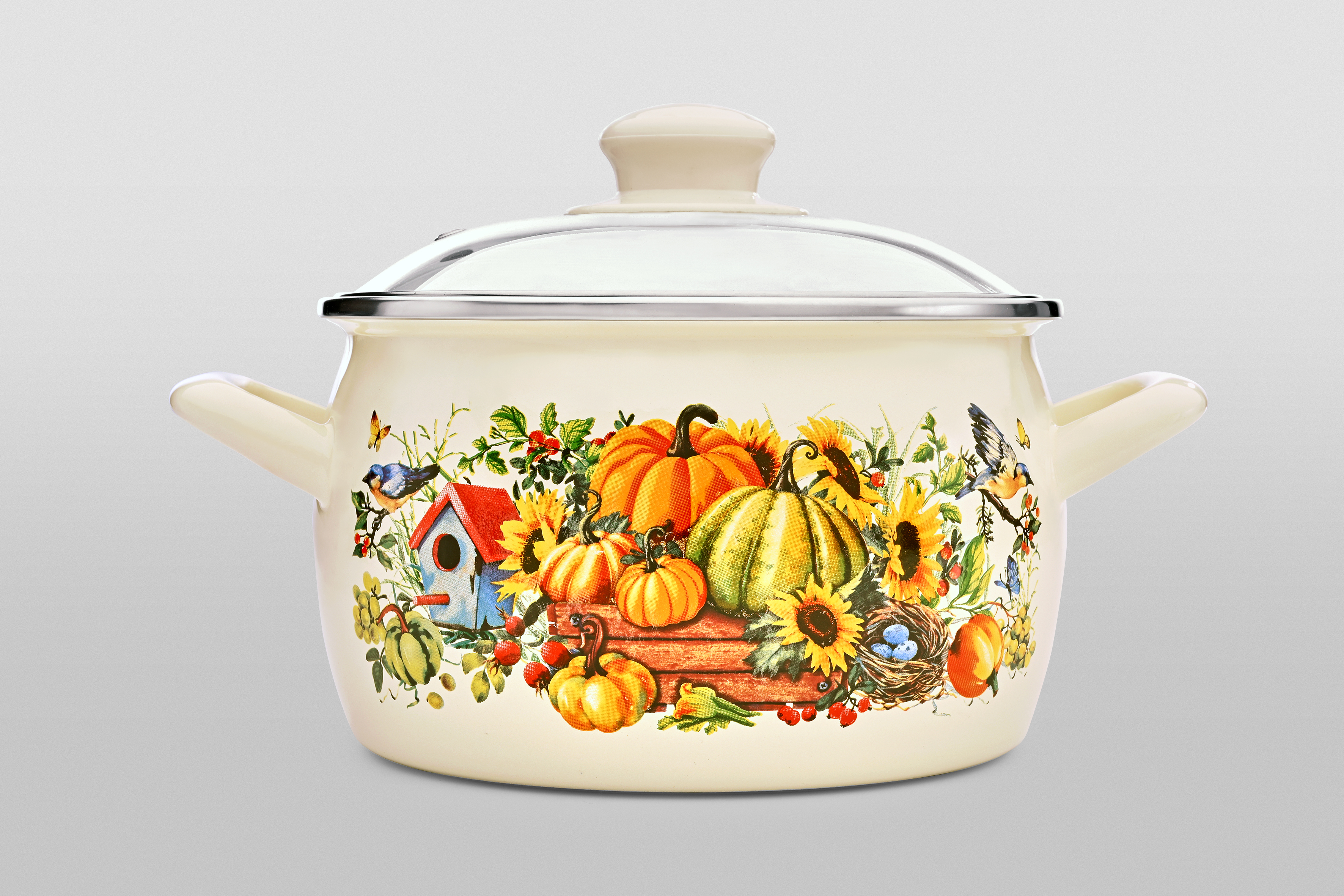 Кастрюля глубокая эмалированная со стеклянной крышкой, 7.9 л