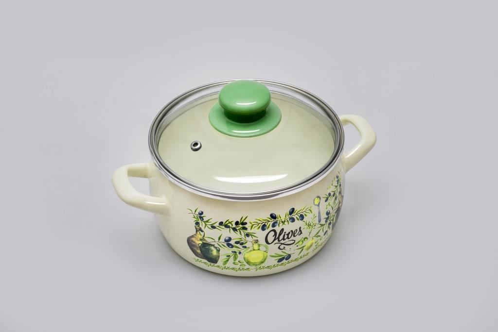 Кастрюля глубокая эмалированная со стеклянной крышкой, 3 л