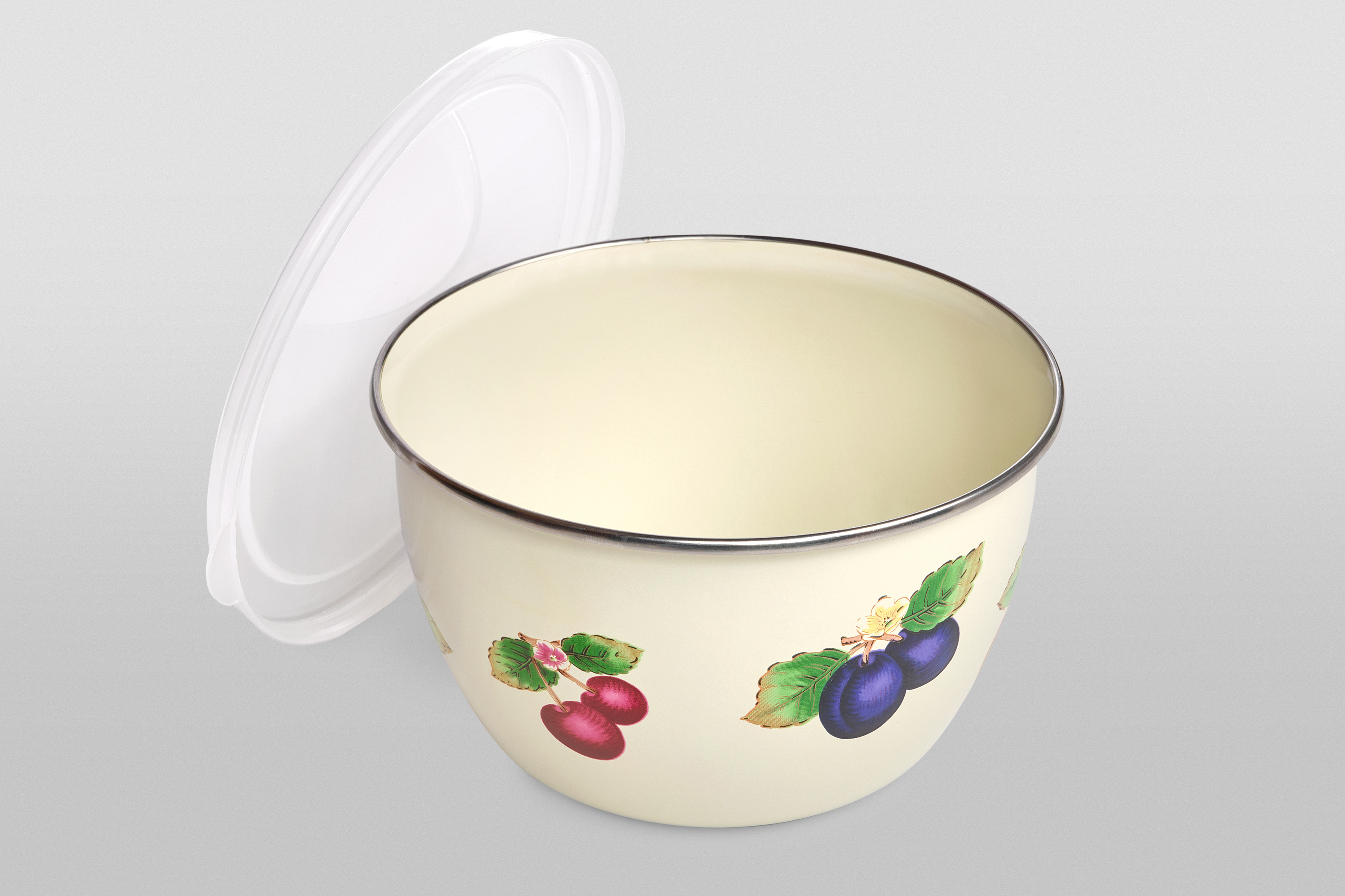 Миска эмалированная без ручек с пластиковой крышкой, 1.1 л