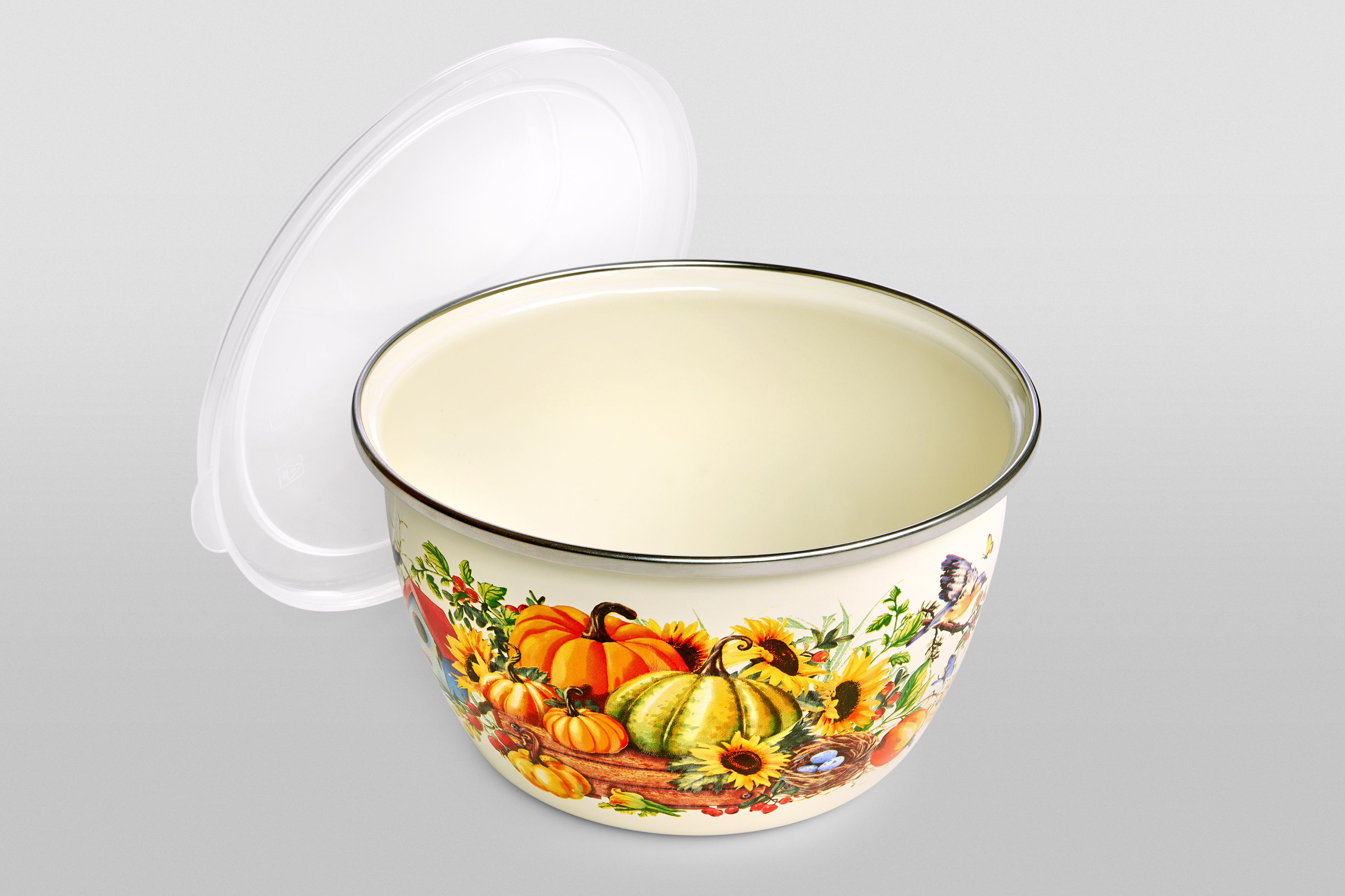 Миска эмалированная без ручек с пластиковой крышкой, 1.7 л