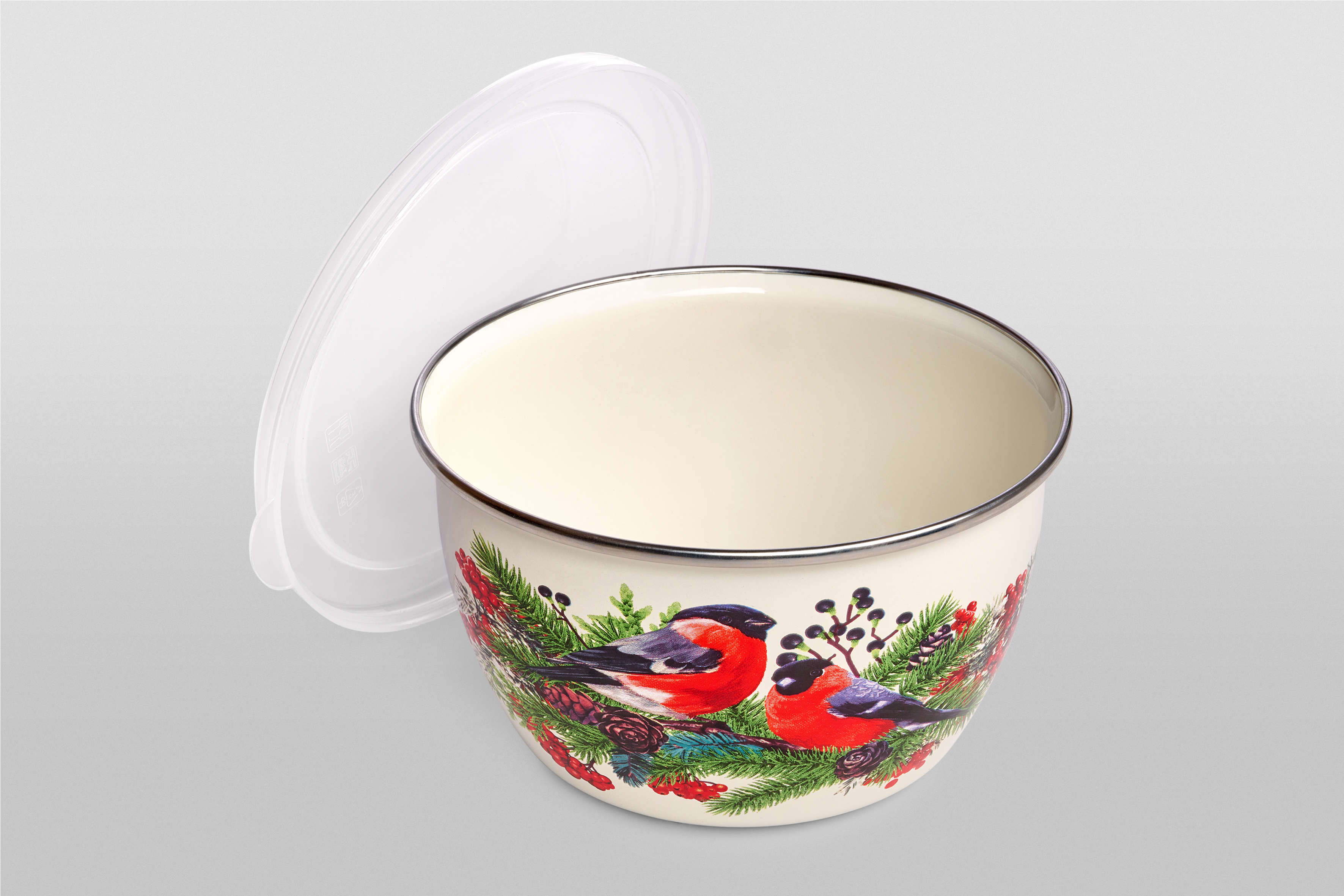 Миска эмалированная без ручек с пластиковой крышкой, 1.7 л