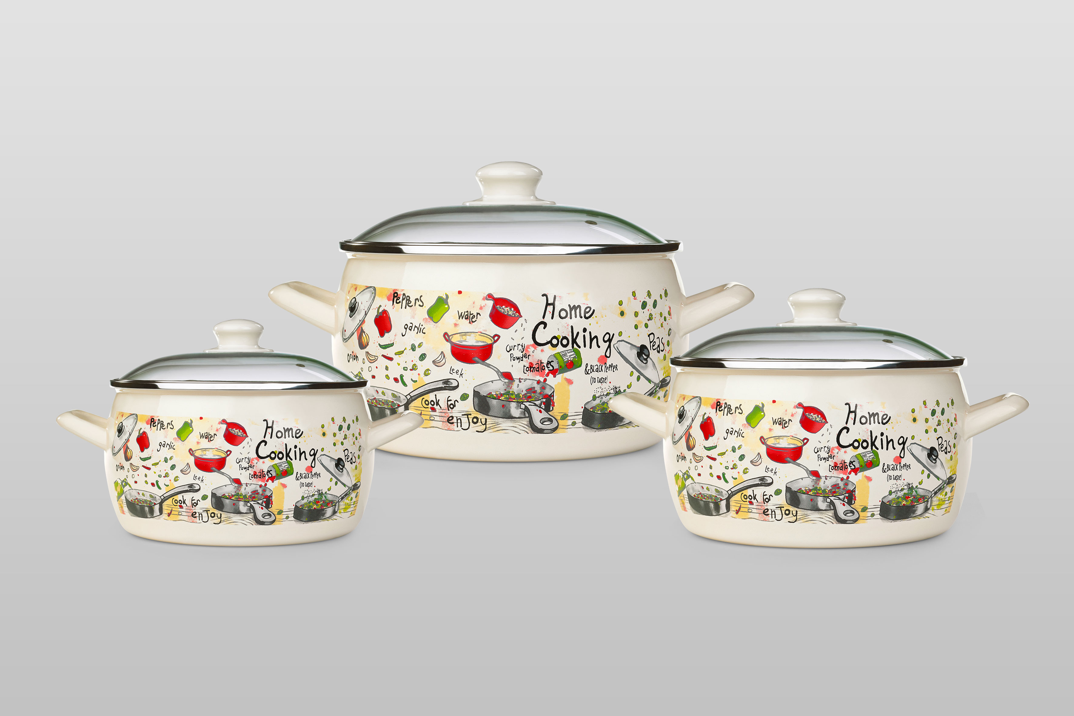 Набор посуды 6/1: кастрюли глубокие эмалированные со стеклянными крышками: 2.4 л, 3.3 л, 5.7 л