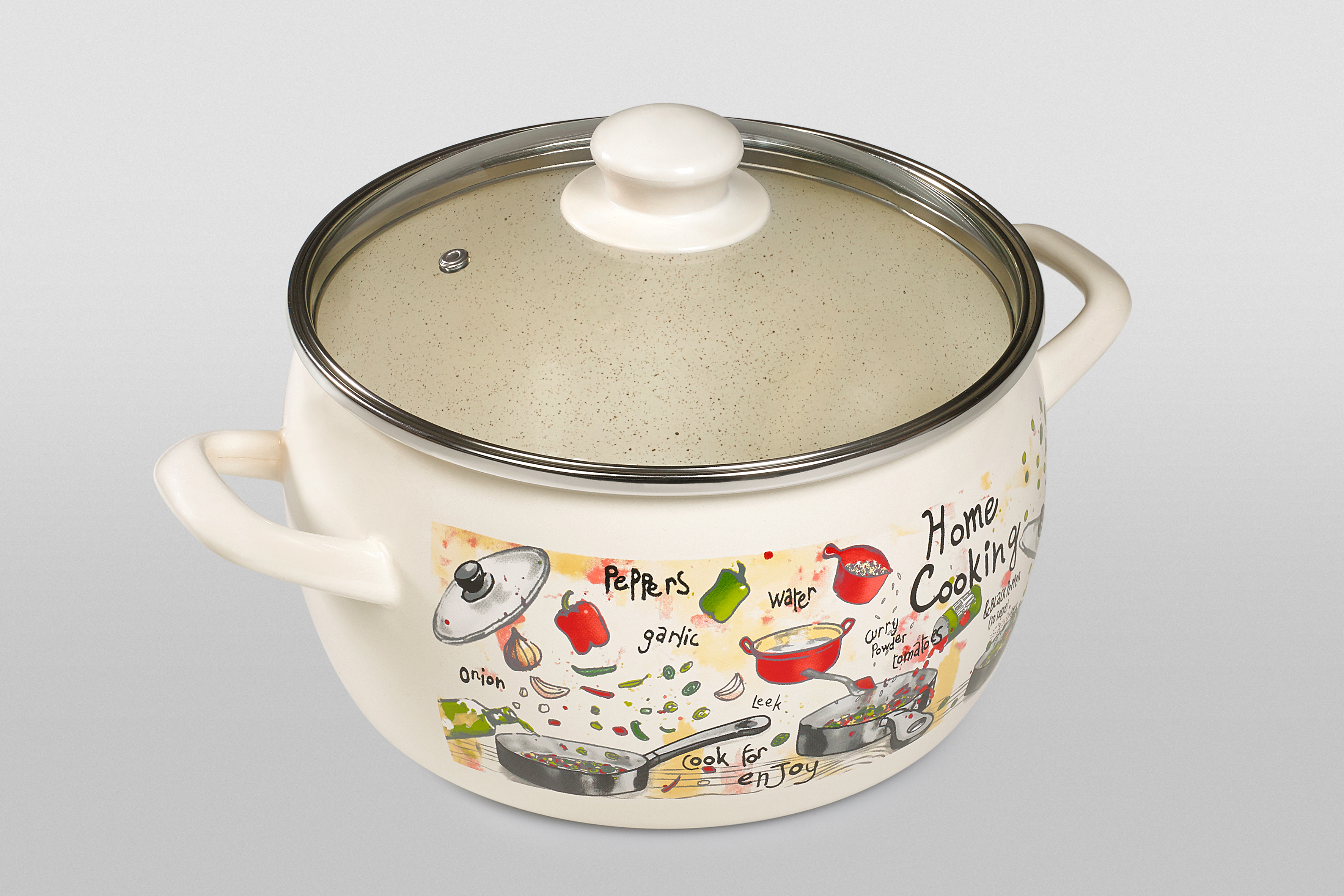 Кастрюля глубокая эмалированная со стеклянной крышкой, 2.4 л