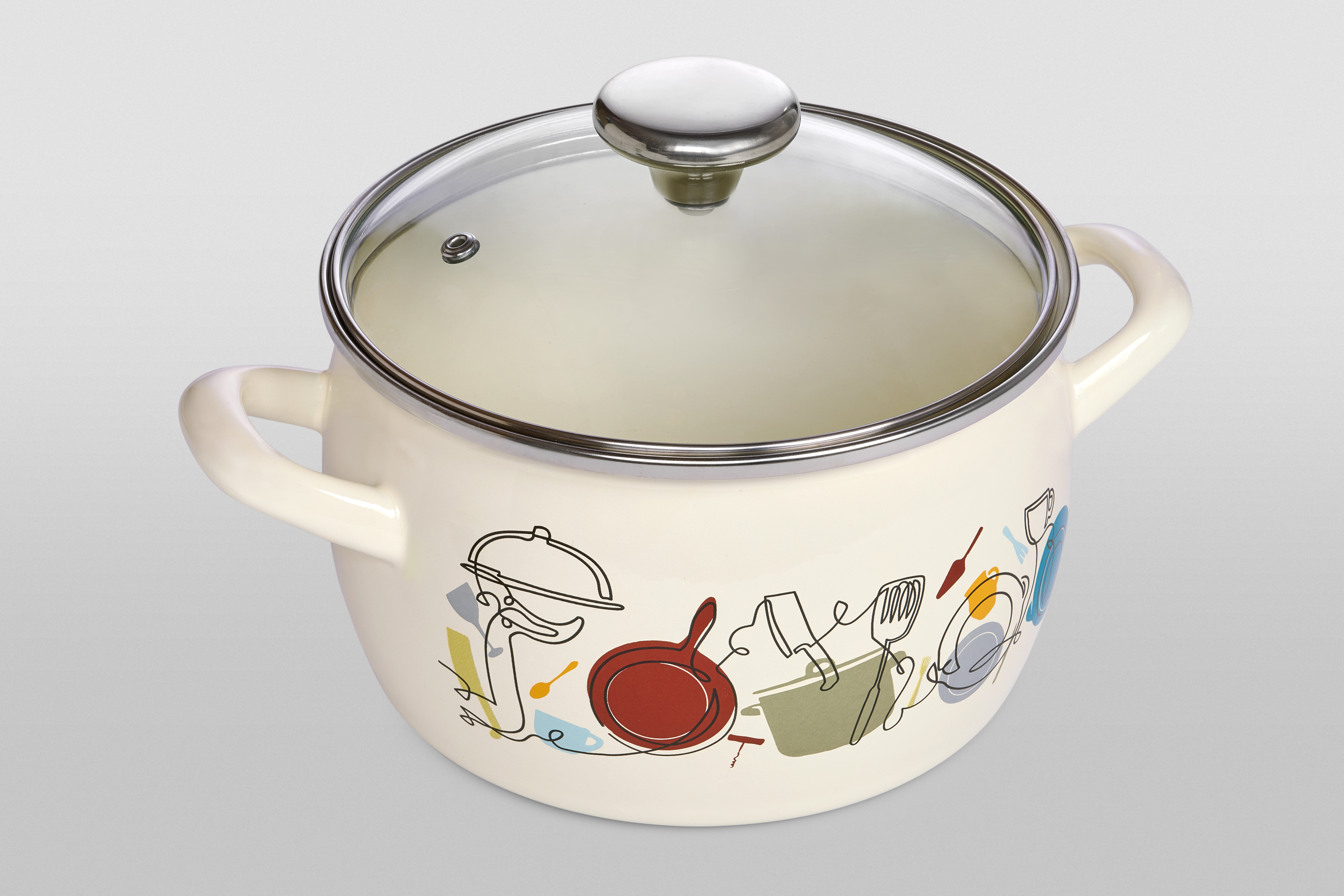 Кастрюля глубокая эмалированная со стеклянной крышкой, 5.4 л