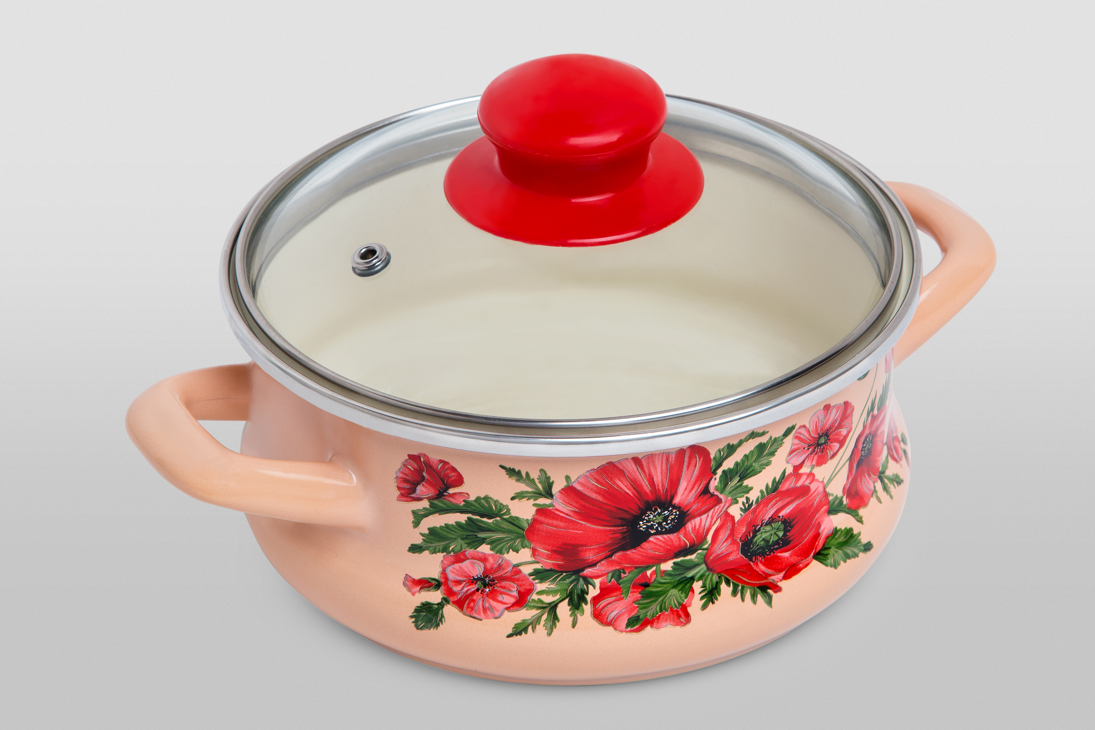 Кастрюля мелкая эмалированная со стеклянной крышкой, 3.5л