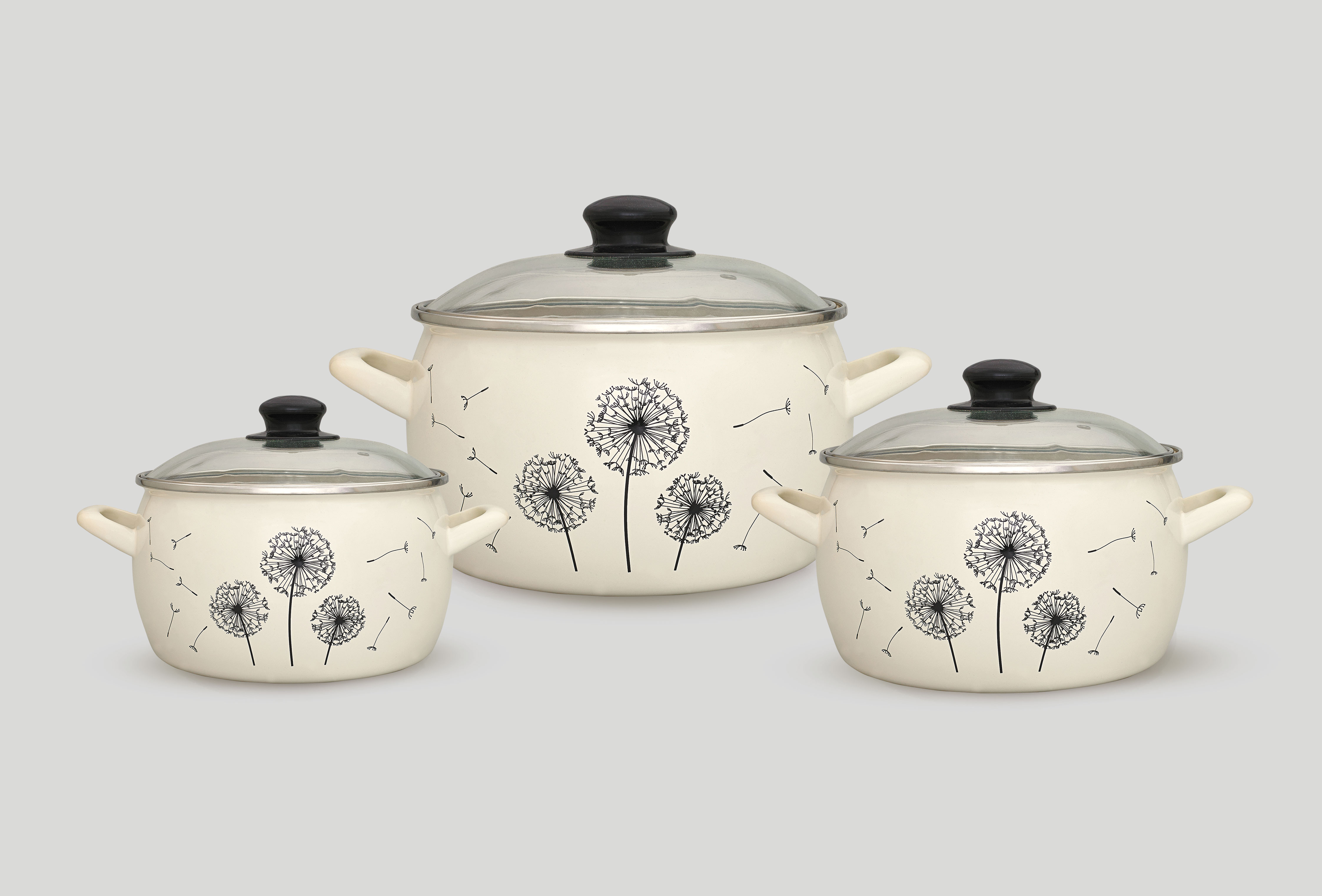 Набор посуды 6/1: кастрюли эмалированные со стеклянными крышками 2.4 л, 3.3 л, 5.7 л