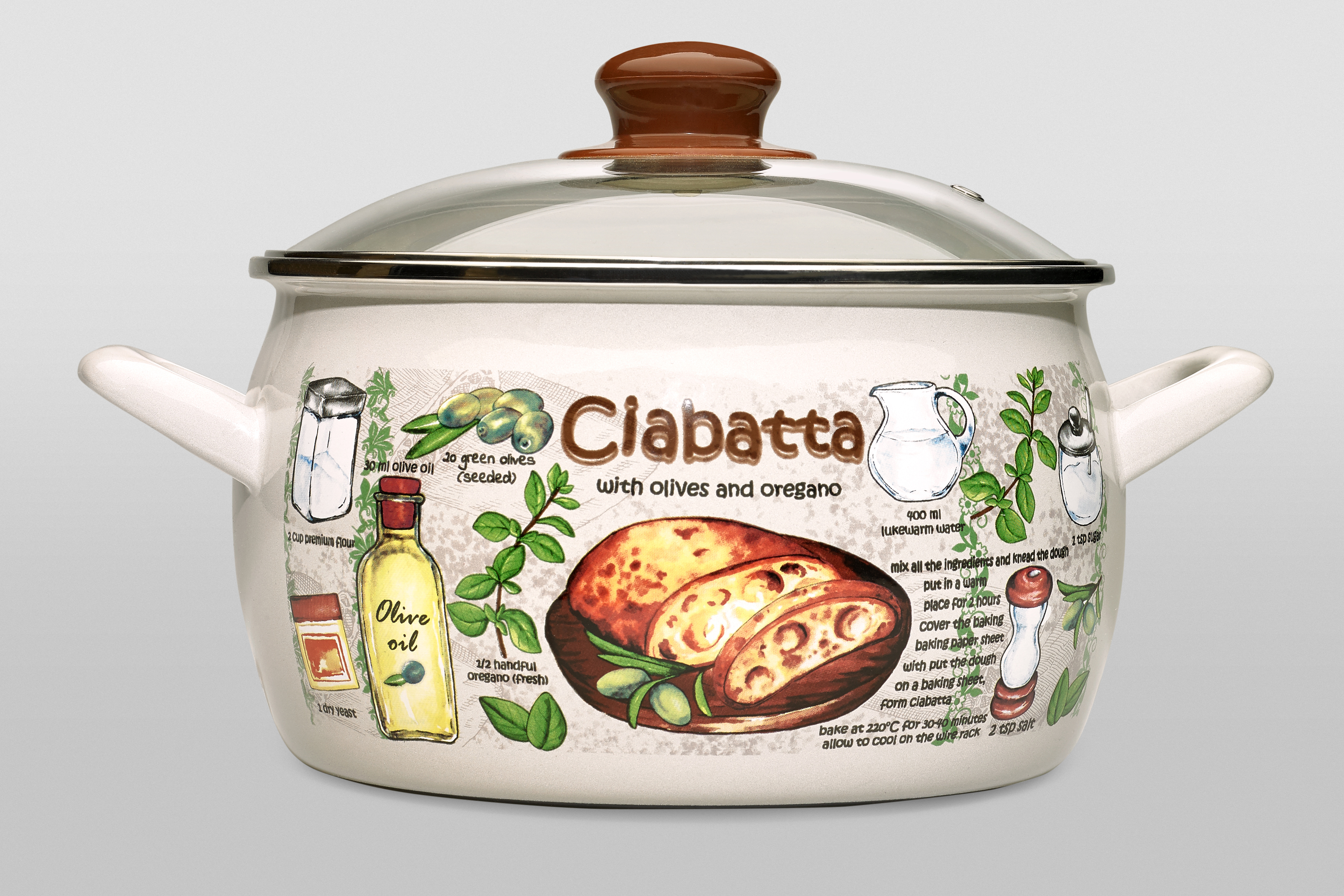 Кастрюля глубокая эмалированная со стеклянной крышкой, 2.4 л