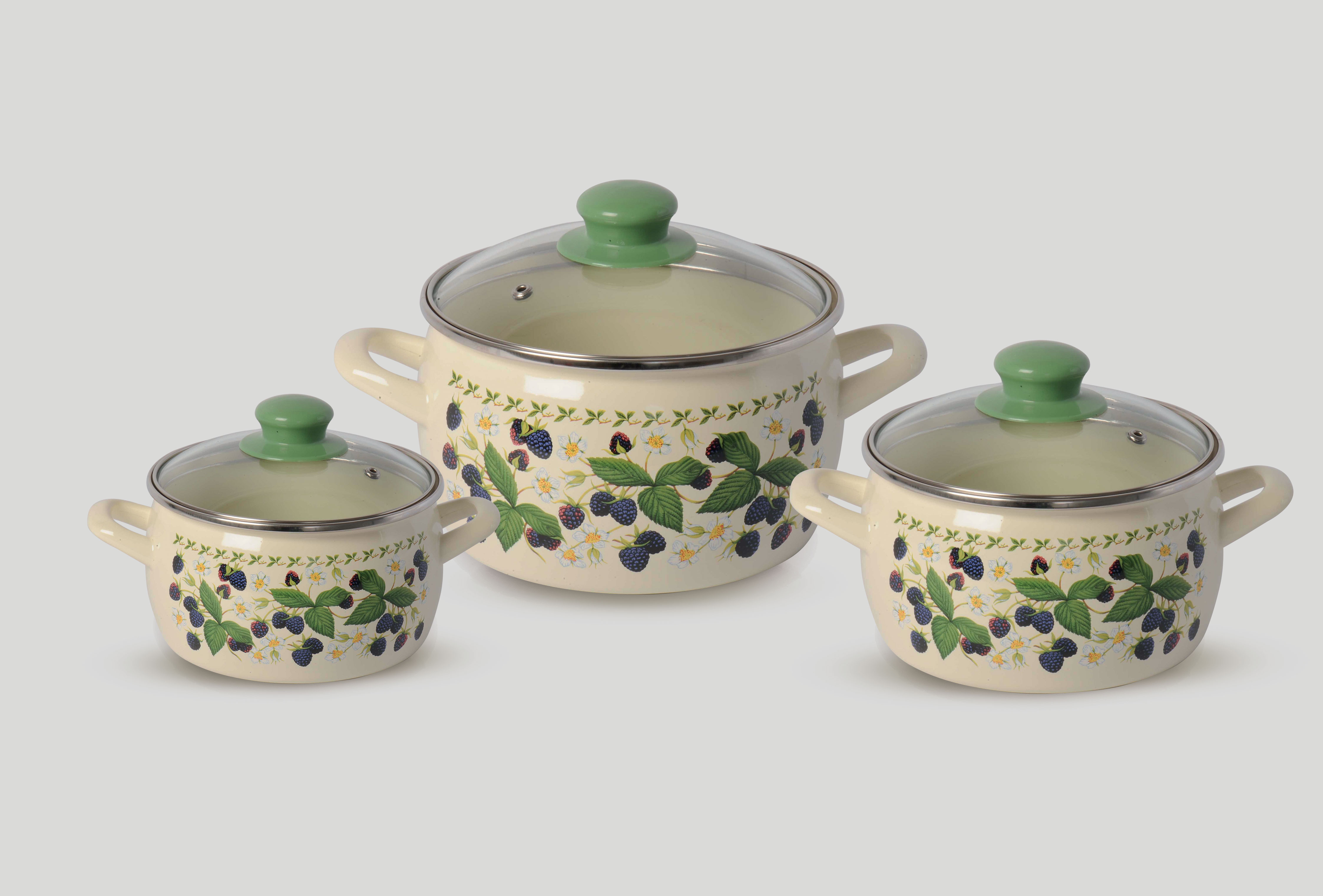 Набор посуды 6/1: кастрюли эмалированные со стеклянными крышками 2.4 л, 3.3 л, 5.7 л