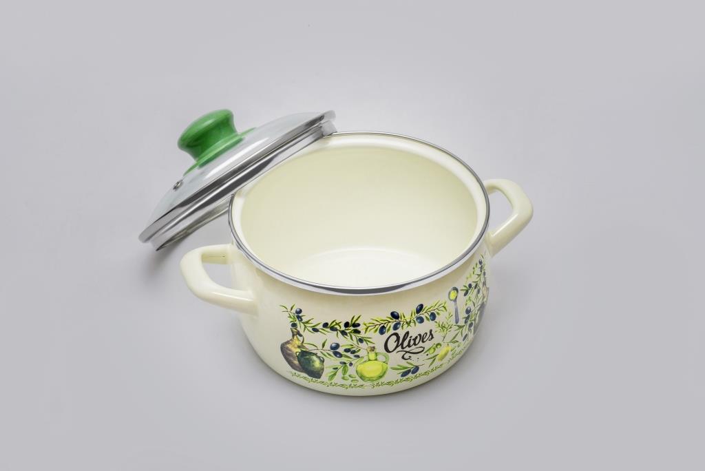 Кастрюля глубокая эмалированная со стеклянной крышкой, 3 л