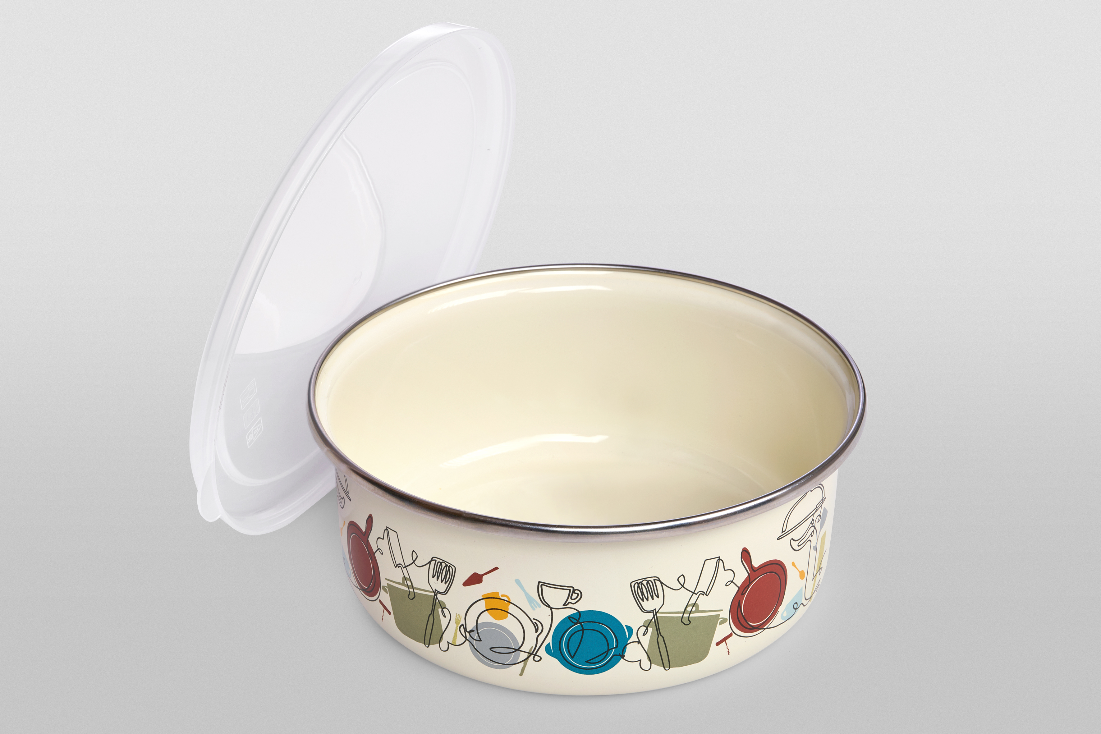 Миска эмалированная без ручек с пластиковой крышкой, 1.3 л