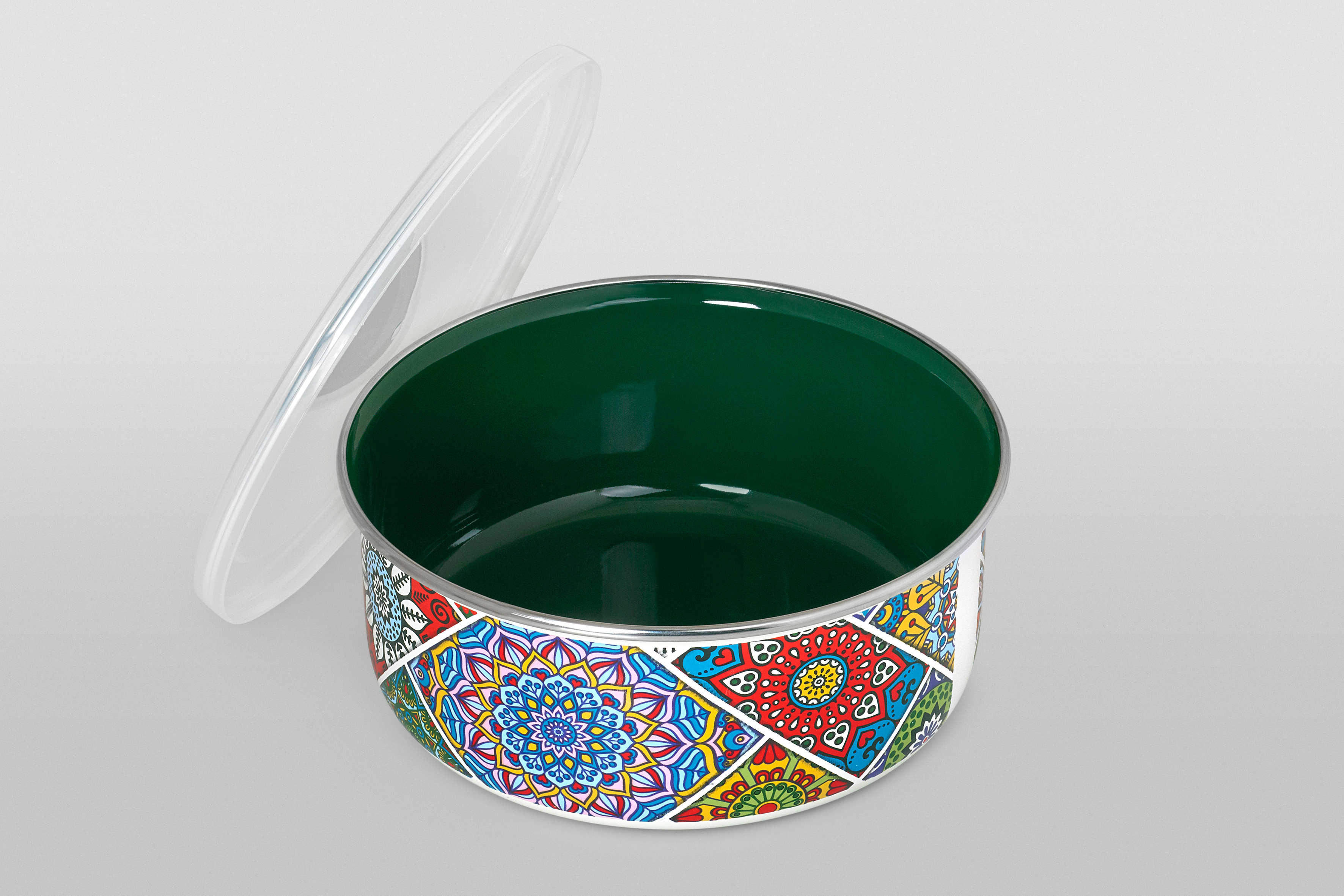 Миска эмалированная без ручек с пластиковой крышкой, 16 см, 1.3 л