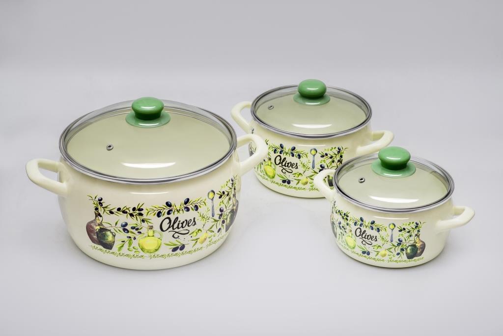 Набор посуды 6/1: кастрюли глубокие эмалированные со стеклянными крышками:  2.2 л, 3.0 л, 5.3 л