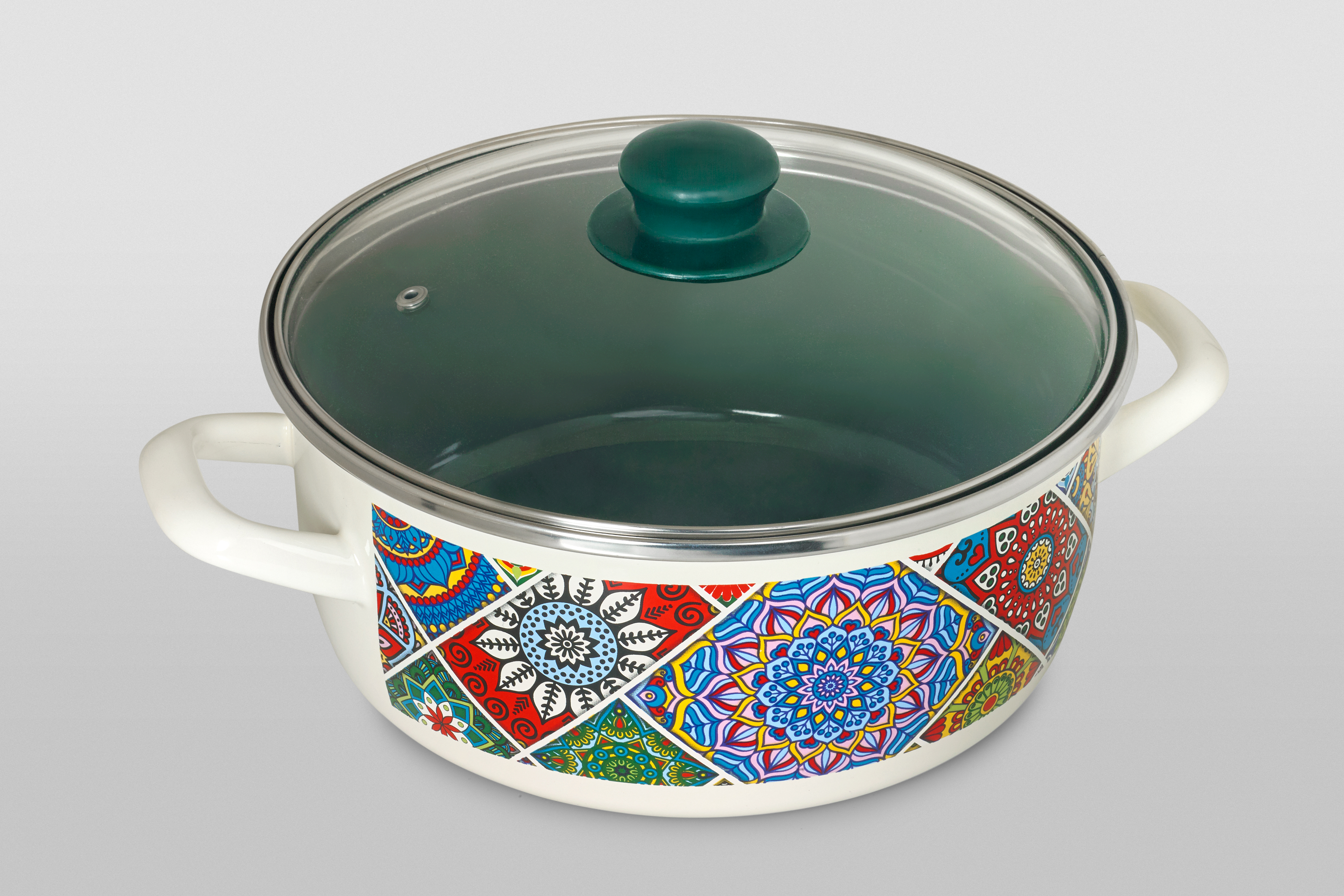 Кастрюля мелкая эмалированная со стеклянной крышкой, 24 см, 4.75 л