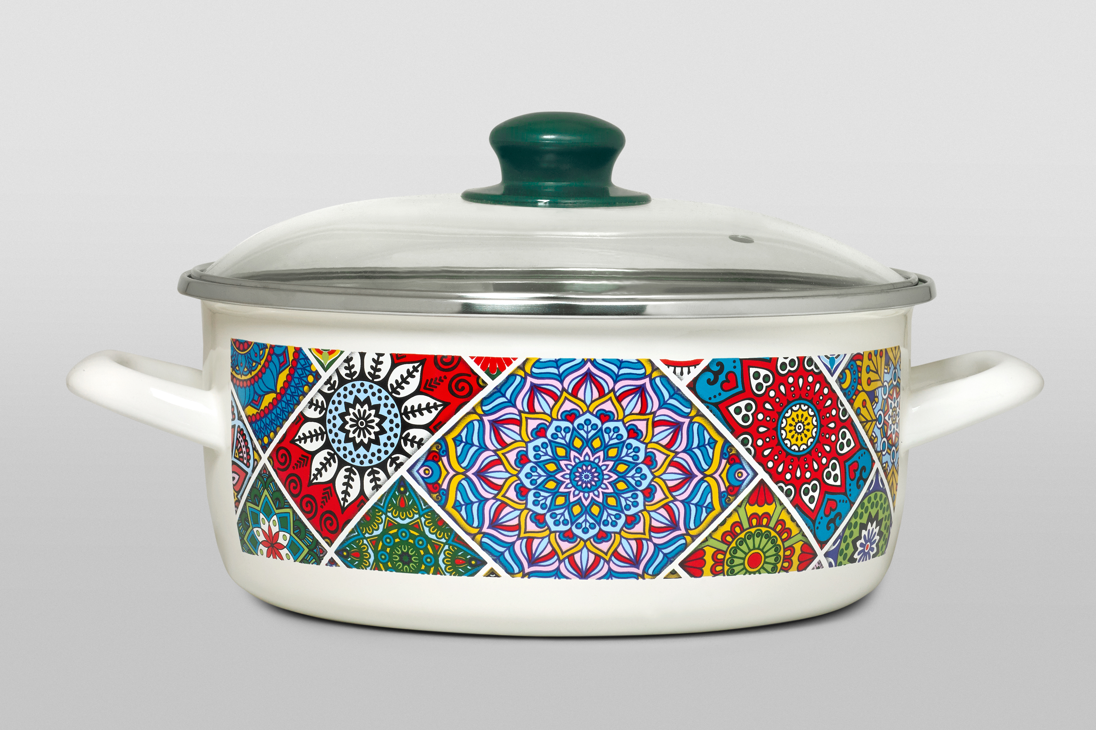 Кастрюля мелкая эмалированная со стеклянной крышкой, 24 см, 4.75 л