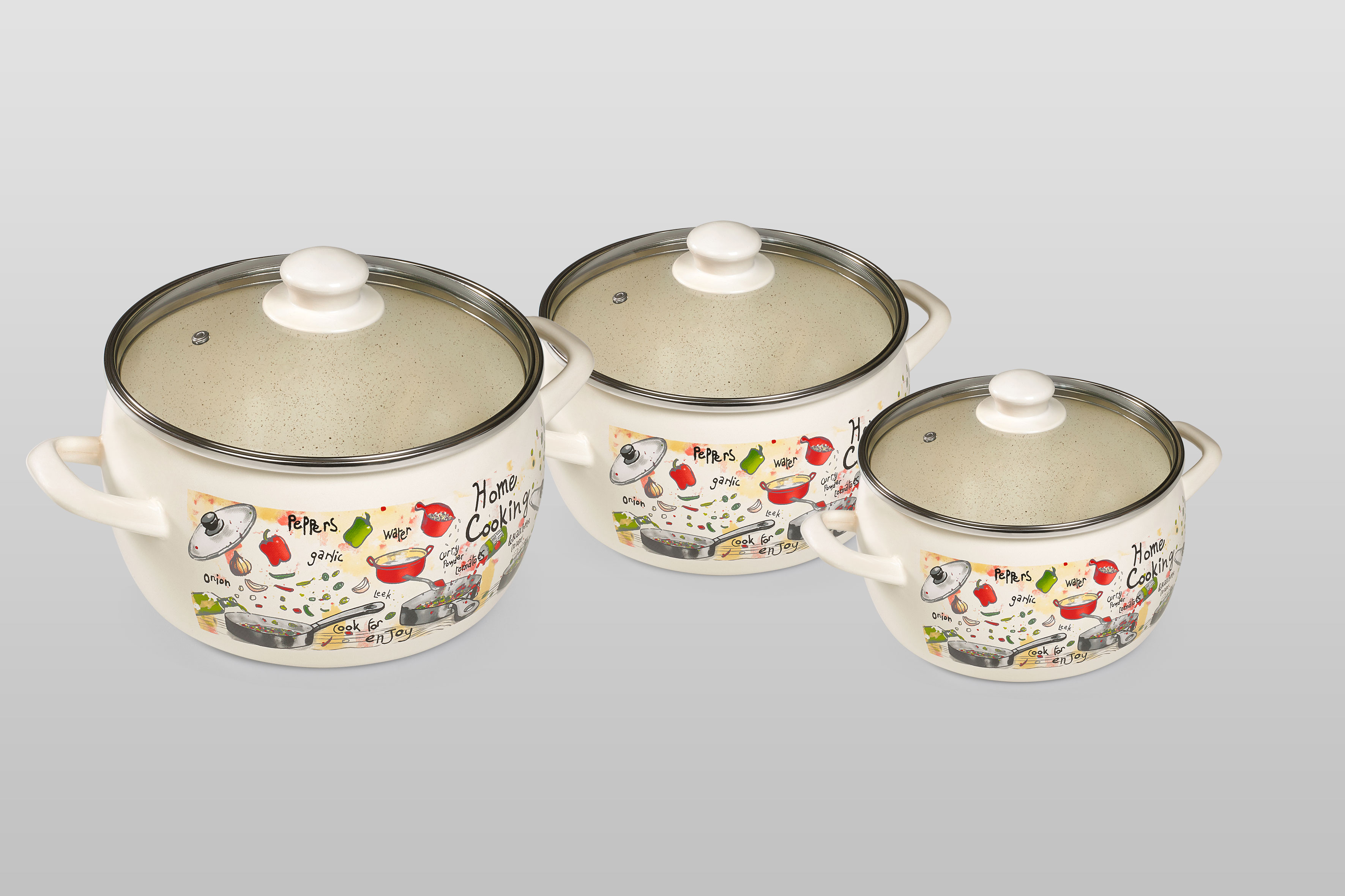 Набор посуды 6/1: кастрюли глубокие эмалированные со стеклянными крышками: 2.4 л, 3.3 л, 5.7 л