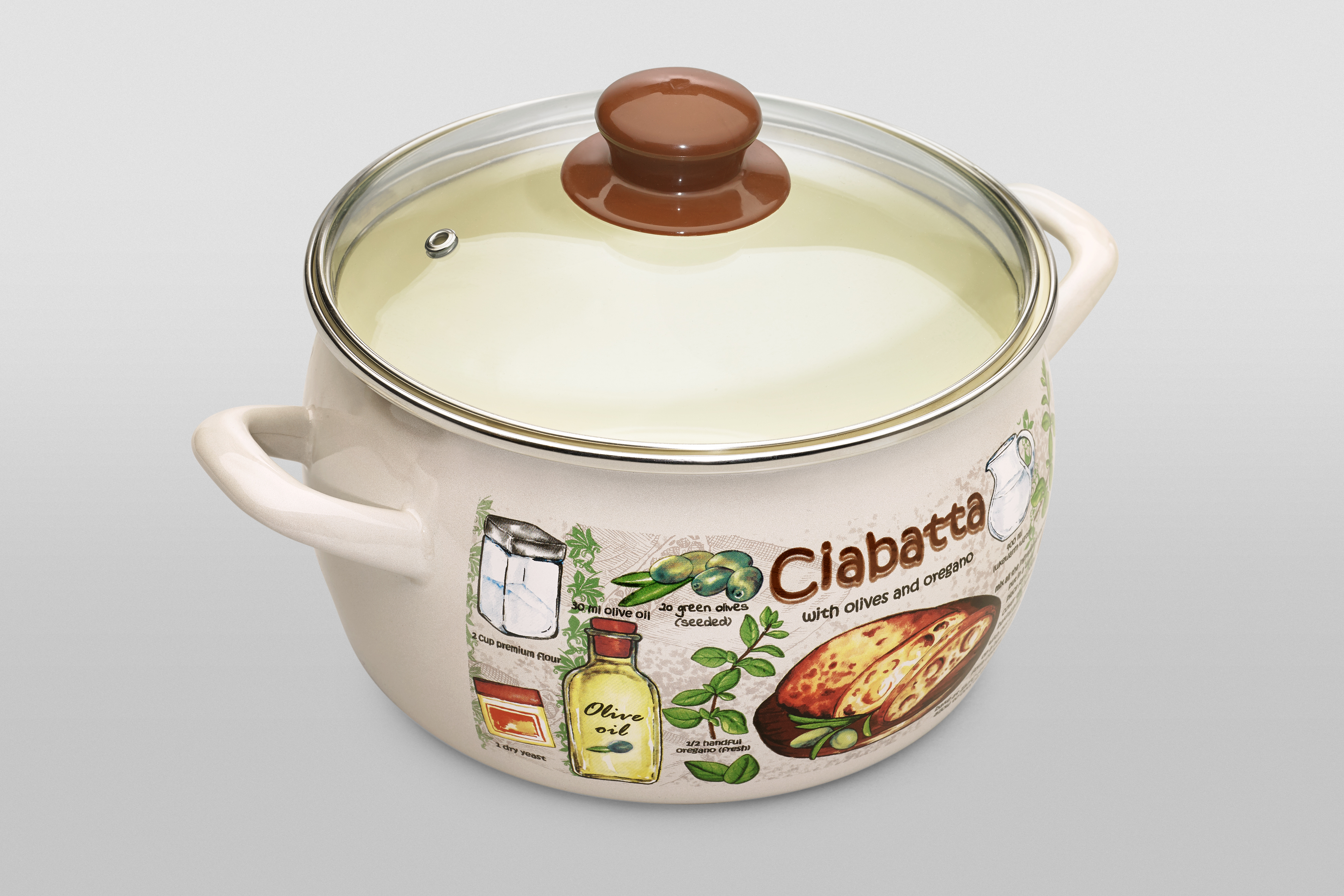 Кастрюля глубокая эмалированная со стеклянной крышкой, 2.4 л