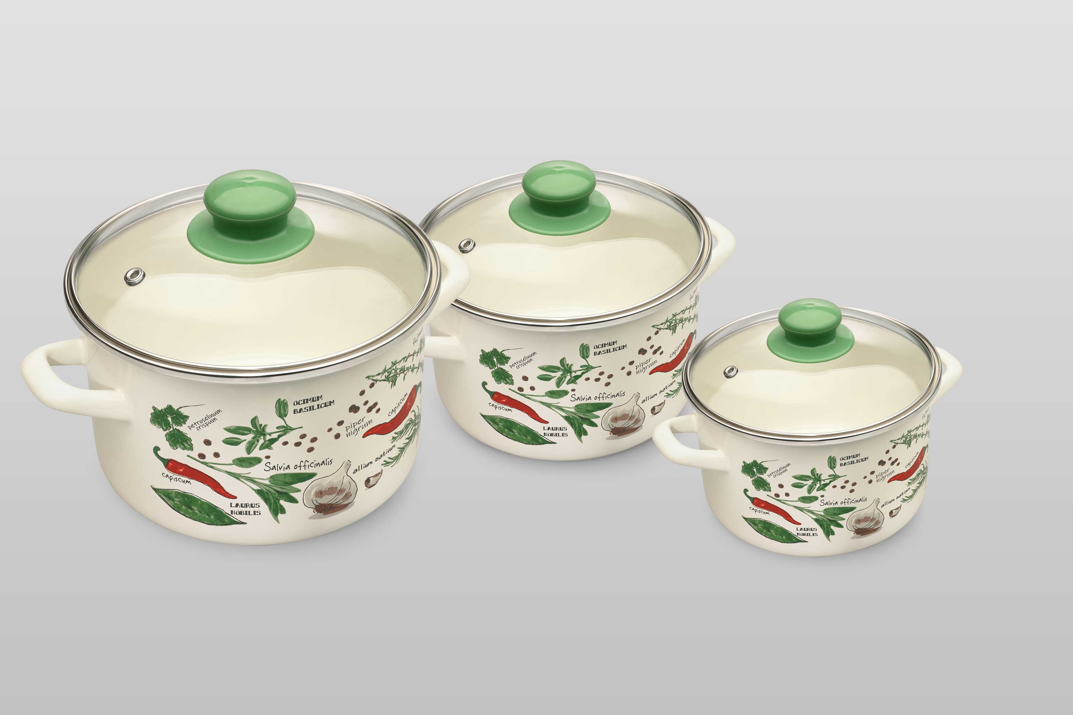 Набор посуды 6/1: кастрюли эмалированные со стеклянными крышками 2 л, 3 л, 5 л