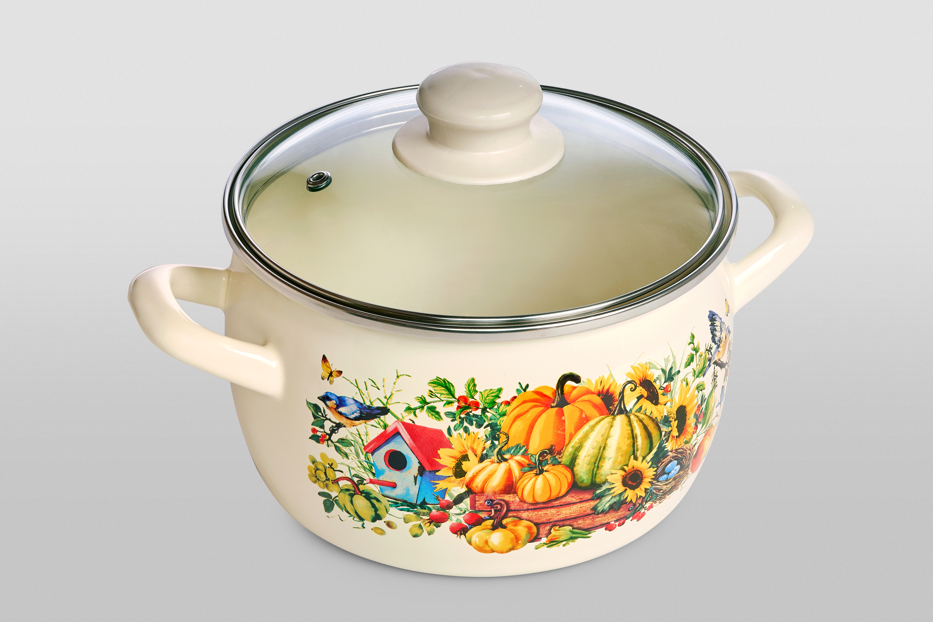 Кастрюля глубокая эмалированная со стеклянной крышкой, 5.7 л