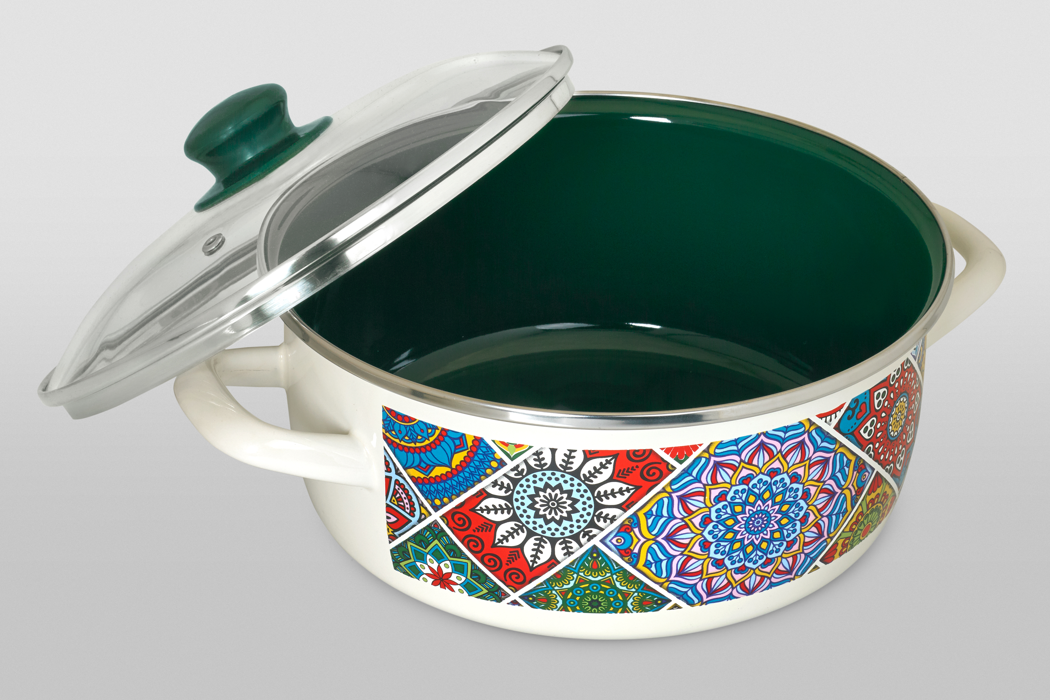 Кастрюля мелкая эмалированная со стеклянной крышкой, 24 см, 4.75 л