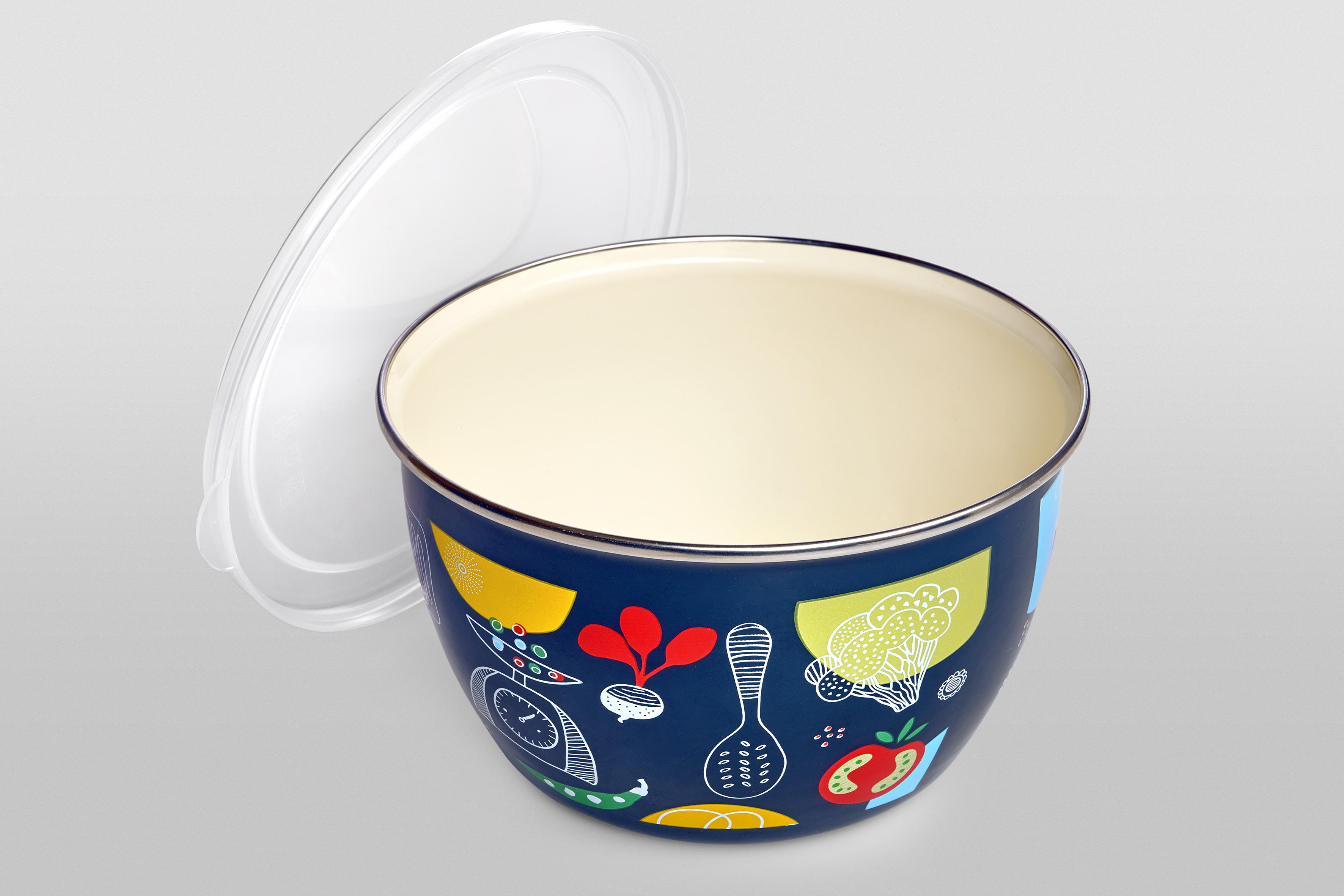 Миска эмалированная без ручек с пластиковой крышкой, 2.4 л