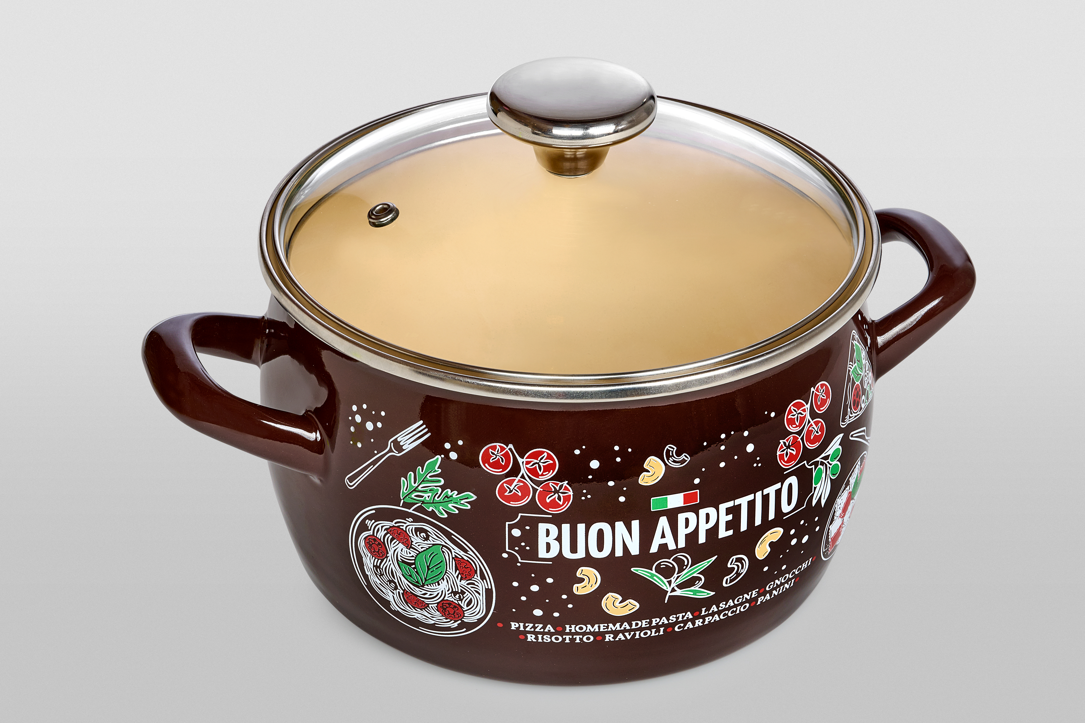 Кастрюля глубокая эмалированная со стеклянной крышкой, 5.4 л