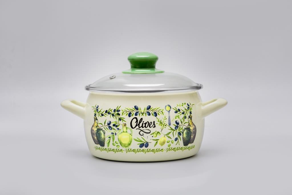 Кастрюля глубокая эмалированная со стеклянной крышкой, 3 л