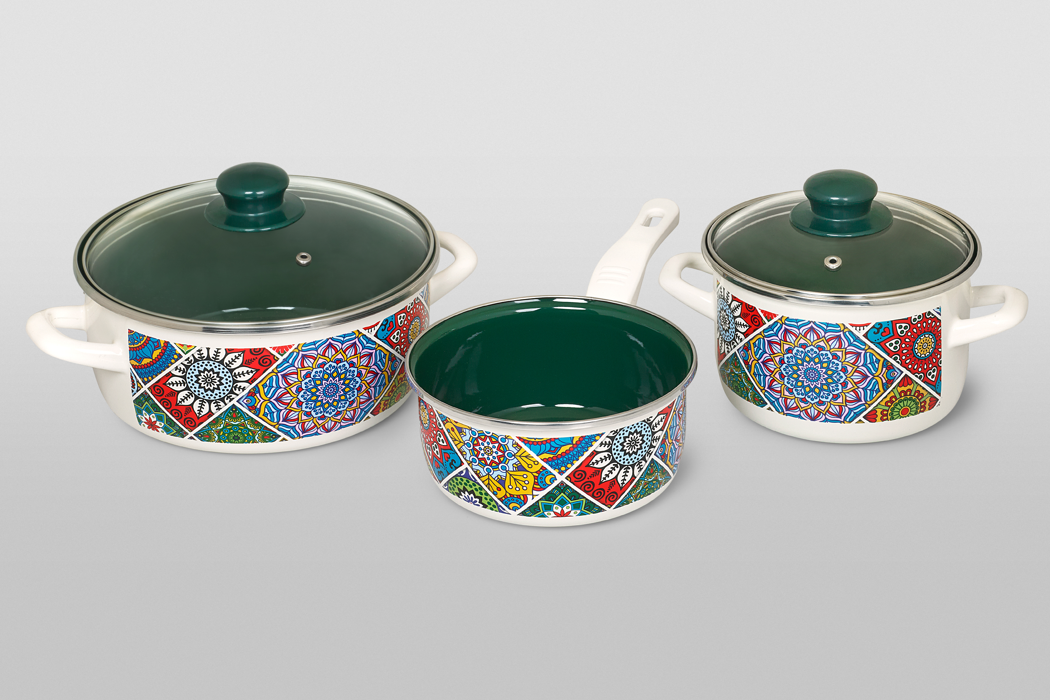 Набор посуды 5/1: кастрюли  эмалированные со стеклянными крышками: 2.0 л, 3.2 л, ковш 1.5 л 