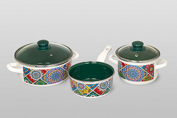 Набор посуды 5/1: кастрюли  эмалированные со стеклянными крышками: 2.0 л, 3.2 л, ковш 1.5 л 