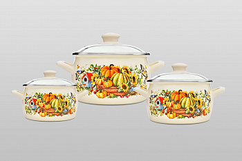 Набор посуды 6/1: кастрюли глубокие эмалированные со стеклянными крышками: 2.4 л, 3.3 л, 5.7 л