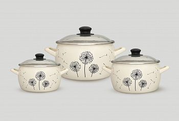 Набор посуды 6/1: кастрюли эмалированные со стеклянными крышками 2.4 л, 3.3 л, 5.7 л