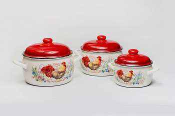 Набор посуды 6/1: кастрюли глубокие эмалированные с металлическими крышками: 2.2 л, 4.0 л, 5.3 л