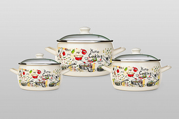 Набор посуды 6/1: кастрюли глубокие эмалированные со стеклянными крышками: 2.4 л, 3.3 л, 5.7 л