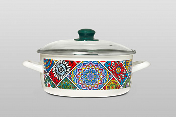 Кастрюля мелкая эмалированная со стеклянной крышкой, 24 см, 4.75 л