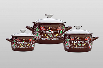 Набор посуды 6/1: кастрюли глубокие эмалированные со стеклянными крышками: 2.2 л, 3.1 л, 5.4 л