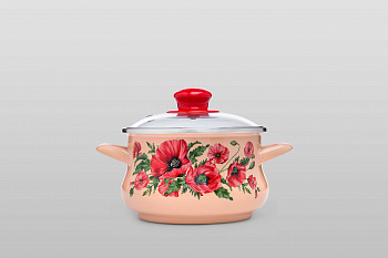 Кастрюля глубокая эмалированная со стеклянной крышкой, 2л 