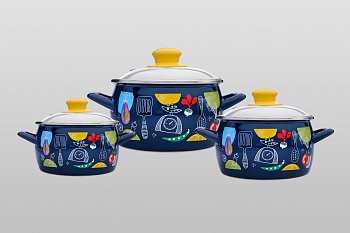 Набор посуды 6/1: кастрюли глубокие эмалированные со стеклянными крышками: 2.2 л, 3.1 л, 5.4 л