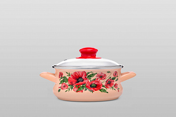 Кастрюля мелкая эмалированная со стеклянной крышкой, 3.5л