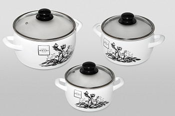 Набор посуды 6/1: кастрюли эмалированные со стеклянными крышками 2.2 л, 3.1 л, 5.4 л